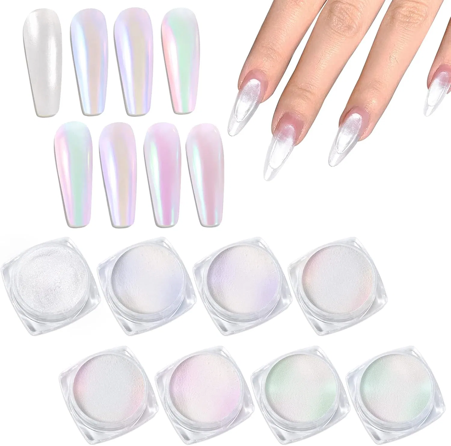 Набор перламутровой втирки для ногтей «White Pearl Chrome» из 8 цветов от Laza Laza, Colorful White
