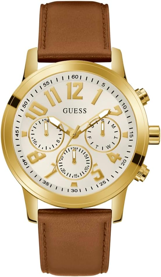 

GUESS Gold-Tone и коричневый кожаный многофункциональный часы, Brown, Позолоченный, GUESS Gold-Tone и коричневый кожаный многофункциональный часы, Brown