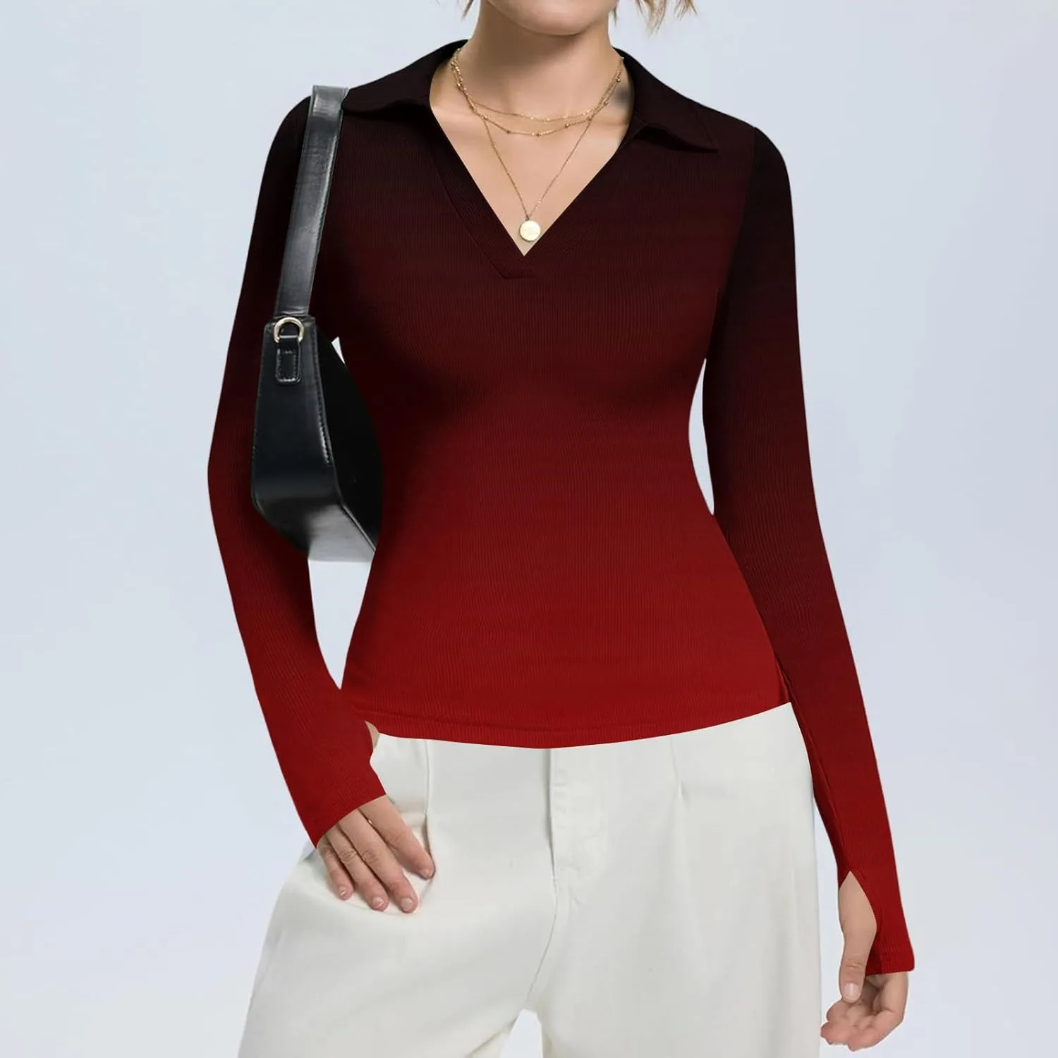 Женский топ с длинным рукавом V-образным вырезом, рифленая вязка, Slim Fit — фото 2