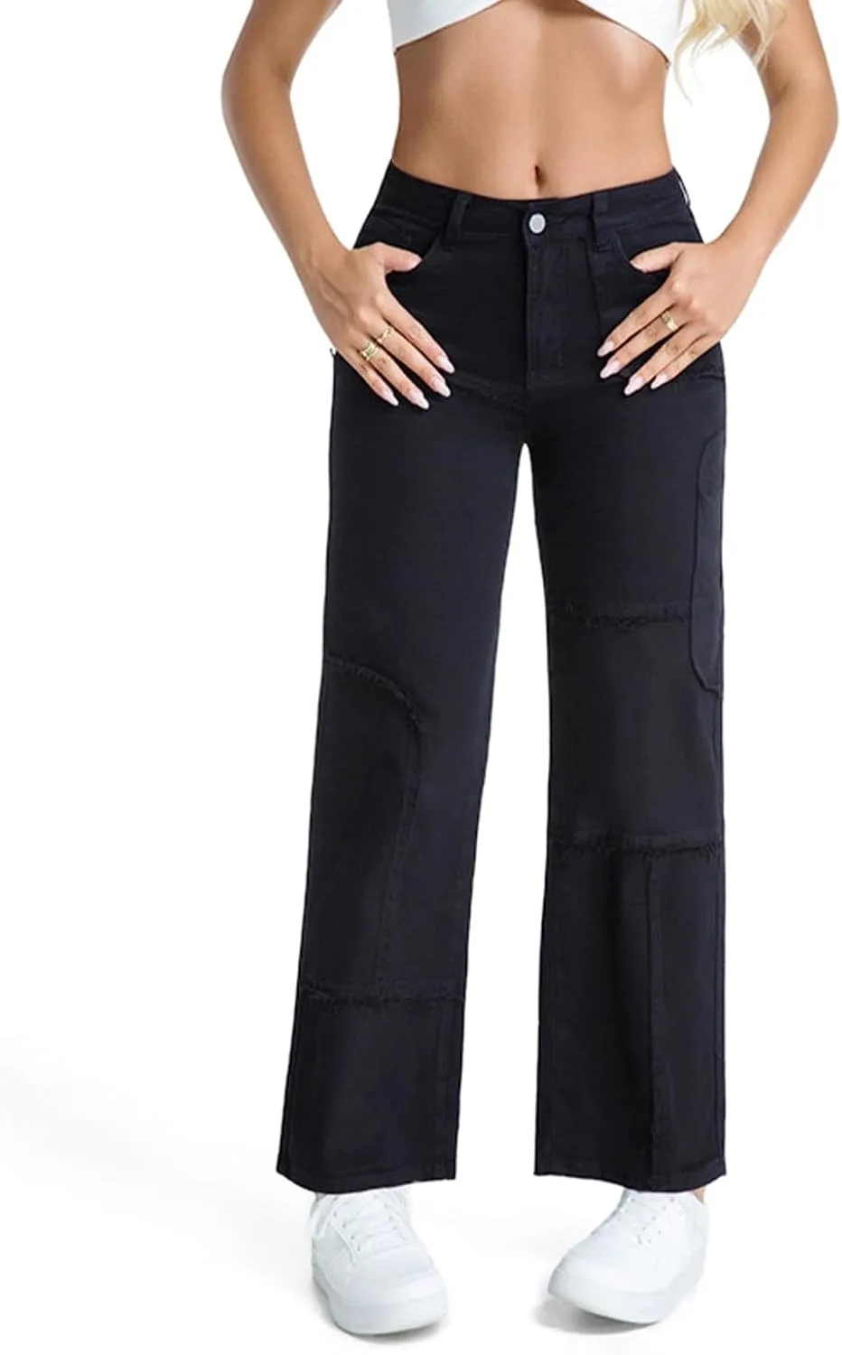 

Viatabuna женские джинсы Stretch Patchwork High Waisted Raw Trim Wide Leg