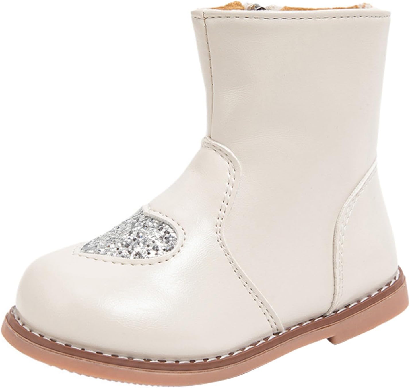 

Девочкам ботильоны с сердечком, блестящие, на флисовой подкладке, с боковой молнией, зимние милые теплые уютные ботинки Generic, Beige