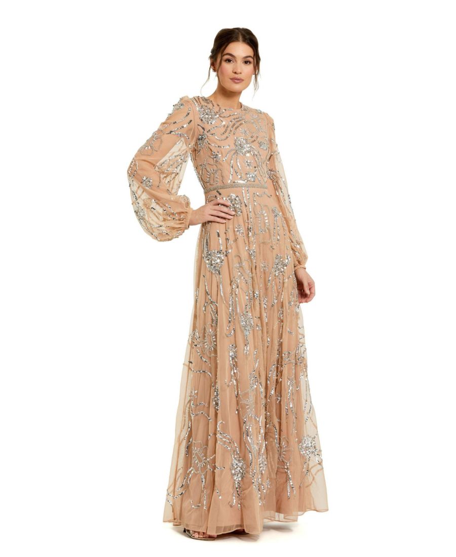 

Женское платье с высоким воротником и пышными рукавами, украшенное вышивкой Mac Duggal, Nude silver