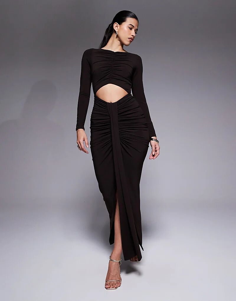 

Платье макси Jaded Rose из облегающего джерси с вырезами и рюшами шоколадного цвета