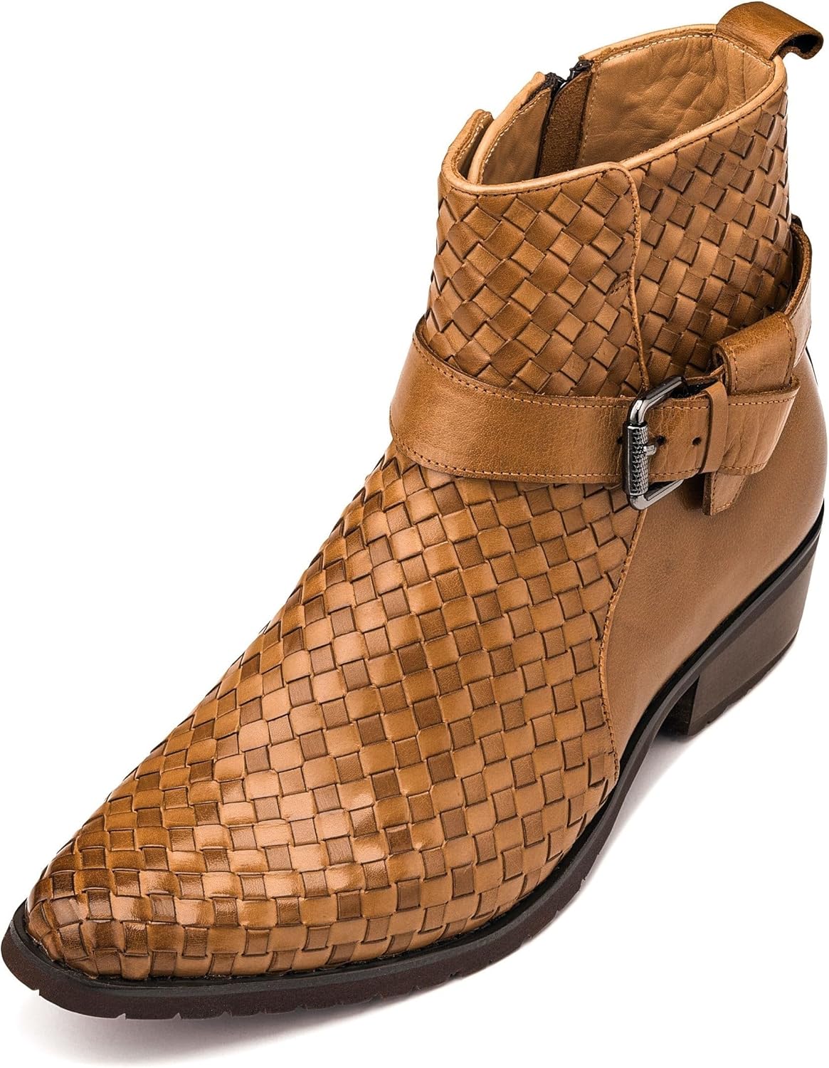 

Мужские невидимые туфли-лифты CALTO - светло-коричневые ботинки из премиальной кожи с плетением, застежкой на пряжку и молнией на щиколотке - увеличивают рост на 8 см - модель K30524 - размер 11,5 D(M) US