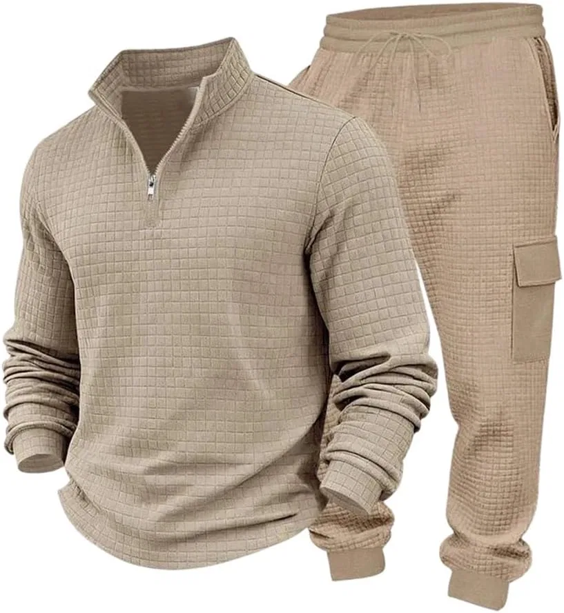 Спортивный костюм из двух предметов, молния, капюшон, хлопковая смесь, Khaki