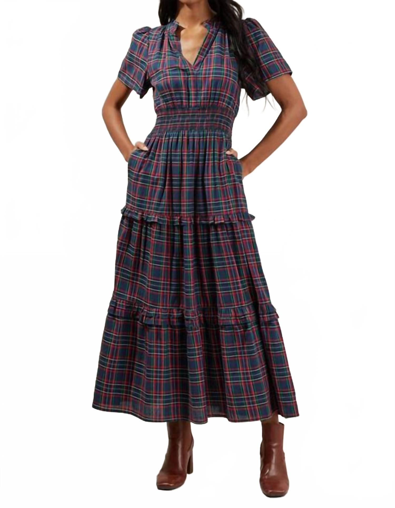 

SUGARLIPS Платье-макси Miley Plaid Palmer из поплина с ярусным подолом, темно-синее с разноцветными вставками