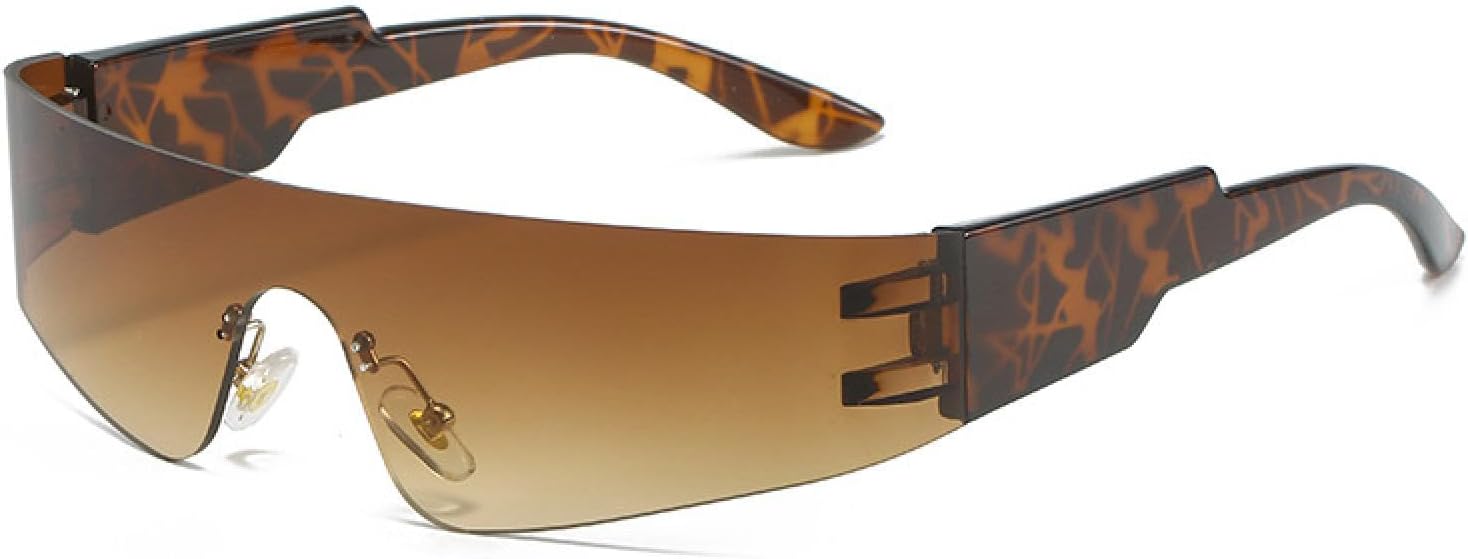 

Ретро-панк солнцезащитные очки без оправы для женщин, модные, с яркими зеркальными линзами, защита от УФ-излучения UV400, для мужчин, цельные спортивные очки для вождения VVTWSSW, Leopard Tea