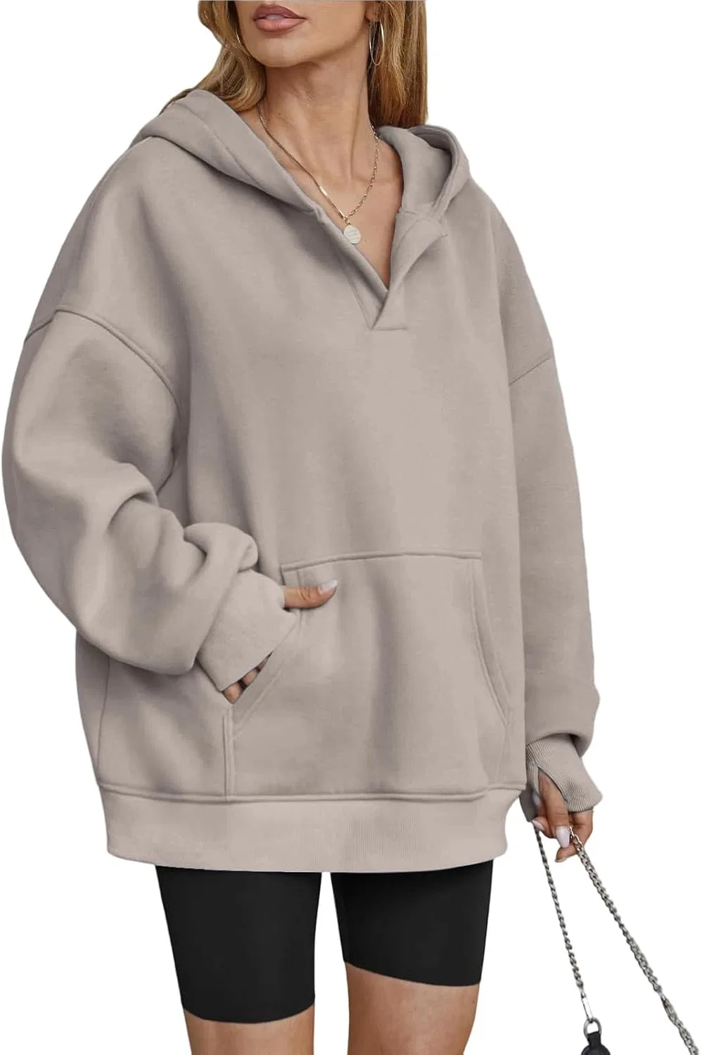 Женский худи оверсайз с V-образным вырезом, Polyester, Khaki — фото 4