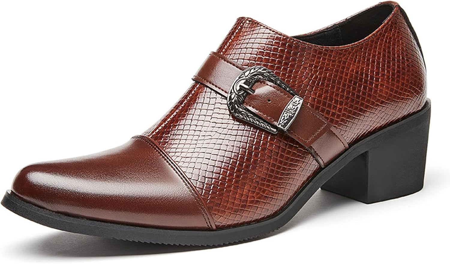 

Мужские кожаные винтажные лоферы с монками на высоком каблуке и боковой молнией, классический заостренный носок, текстурированный массивный каблук, туфли для свадеб, бизнеса и вечерних мероприятий Fifilapin, коричневый