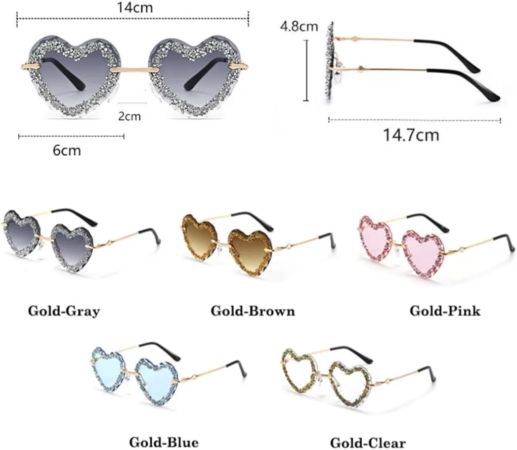 

Блестящие бриллиантовые солнцезащитные очки для женщин, сексуальные, без оправы, со стразами, в форме сердца, защита от УФ-излучения UV400 TVTBBVV, Gold-blue