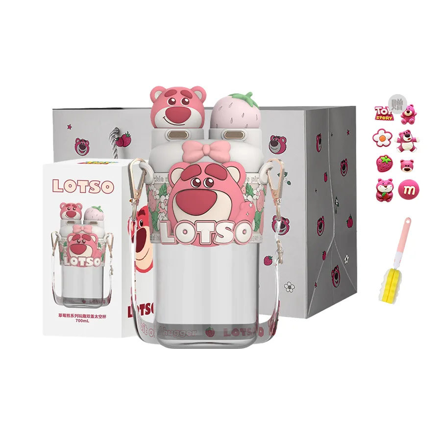 Спортивная бутылка Strawberry Bear Disney Lotso, 700 мл, два способа питья, подарочный набор, прозрачный/брелок — фото 4