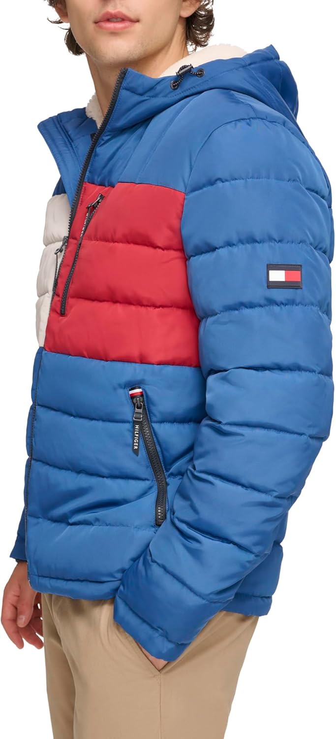 Мужская куртка Tommy Hilfiger средней толщины с подкладкой из шерпы и капюшоном, водонепроницаемая, Royal Blue Flag Print — фото 3