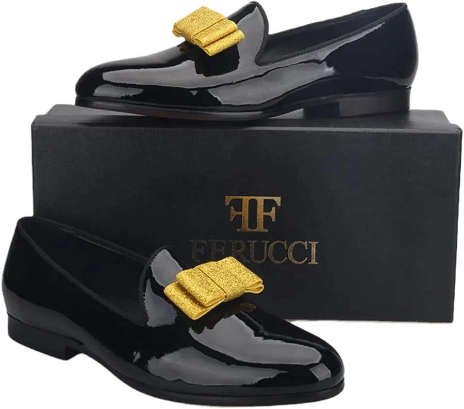 Лоферы мужские FERUCCI из лакированной кожи, черные с золотым бантом — фото 2