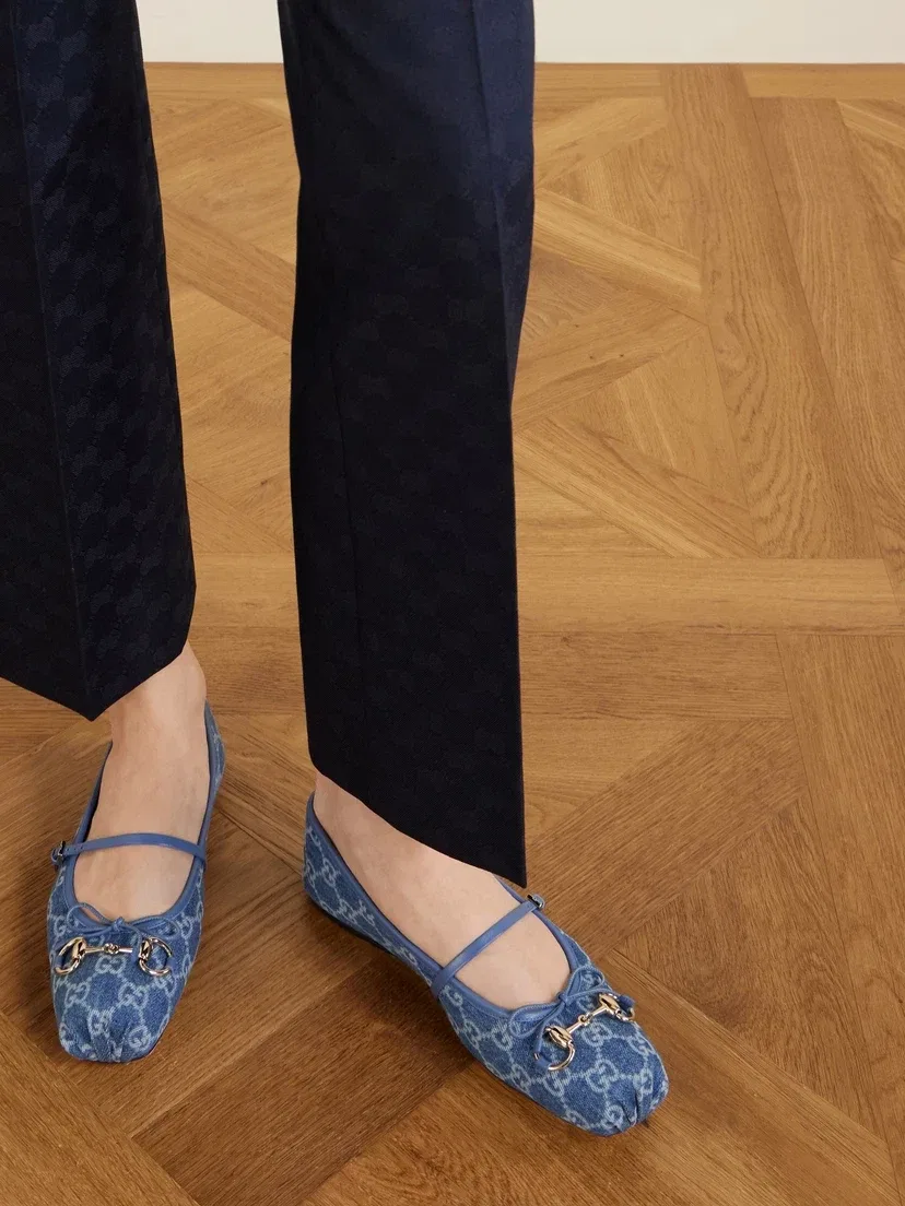 Балетки Horsebit из денима с кожаной отделкой GUCCI, синий — фото 2
