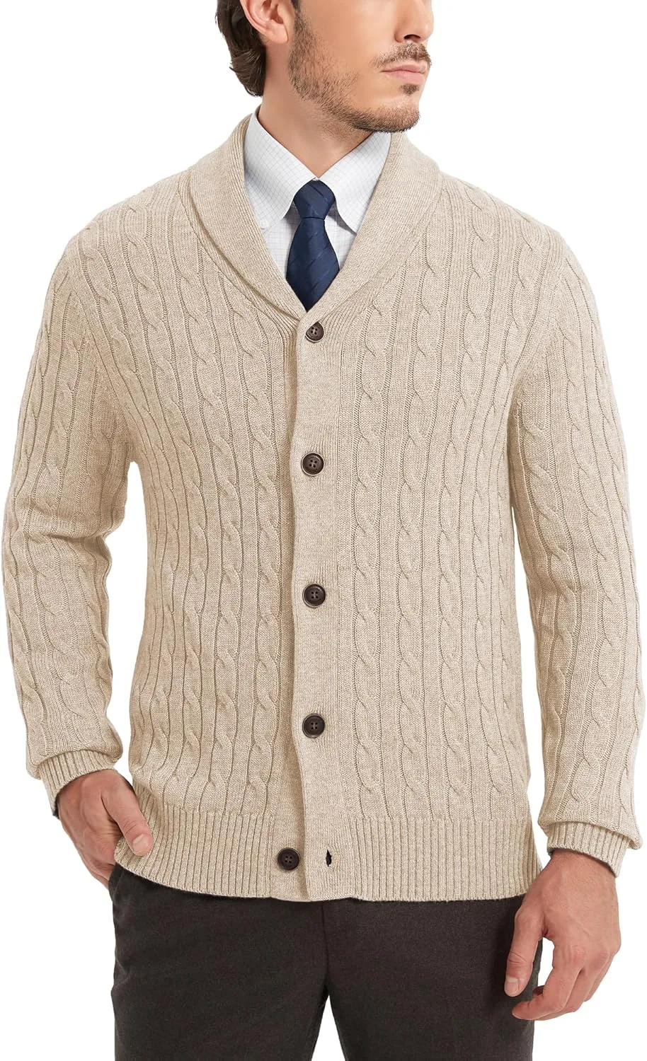 

Мужской кардиган Kallspin из шерстяной смеси с кабельной вязкой и воротником-шалью