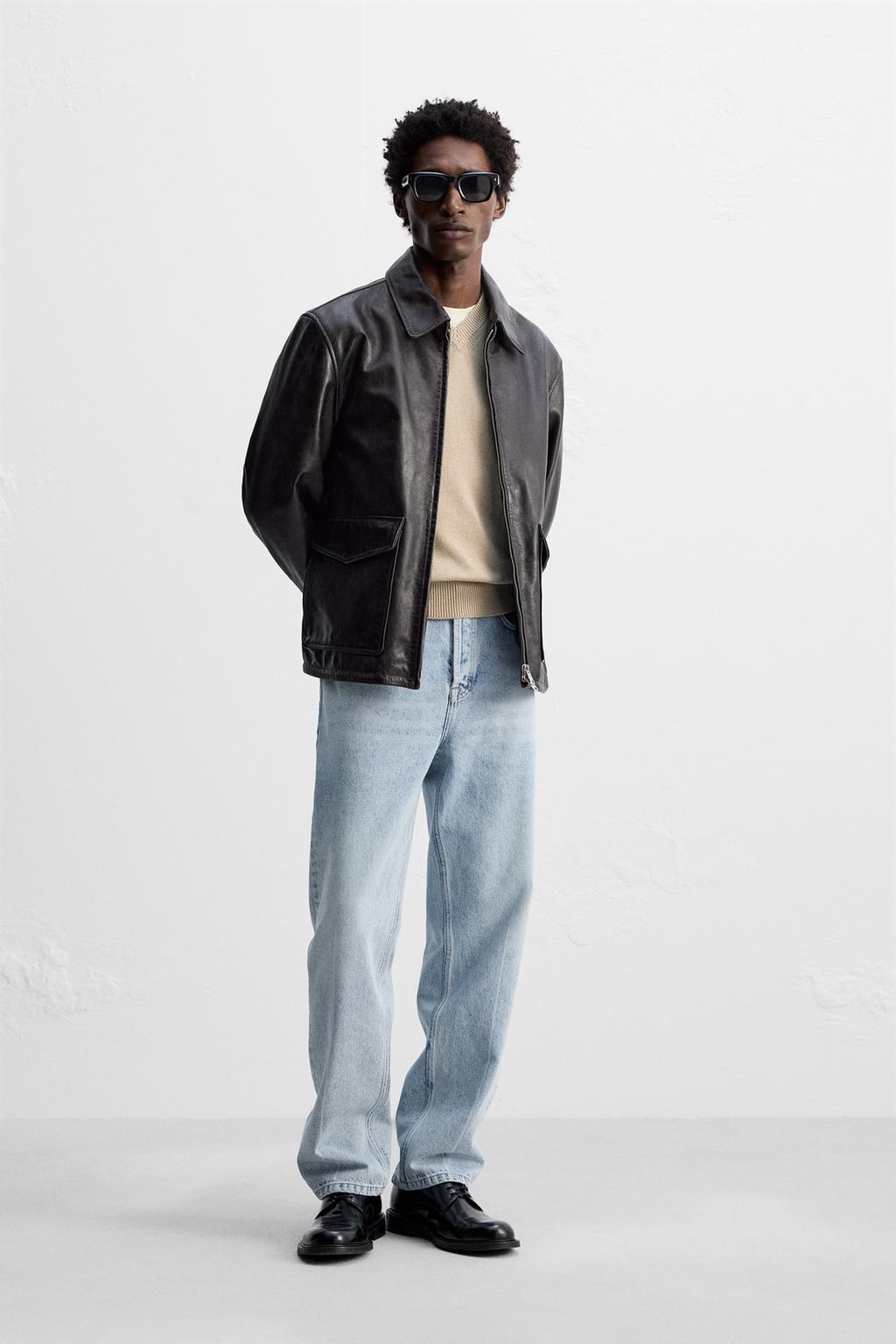 

Застиранная кожаная куртка ZARA, темно-коричневый