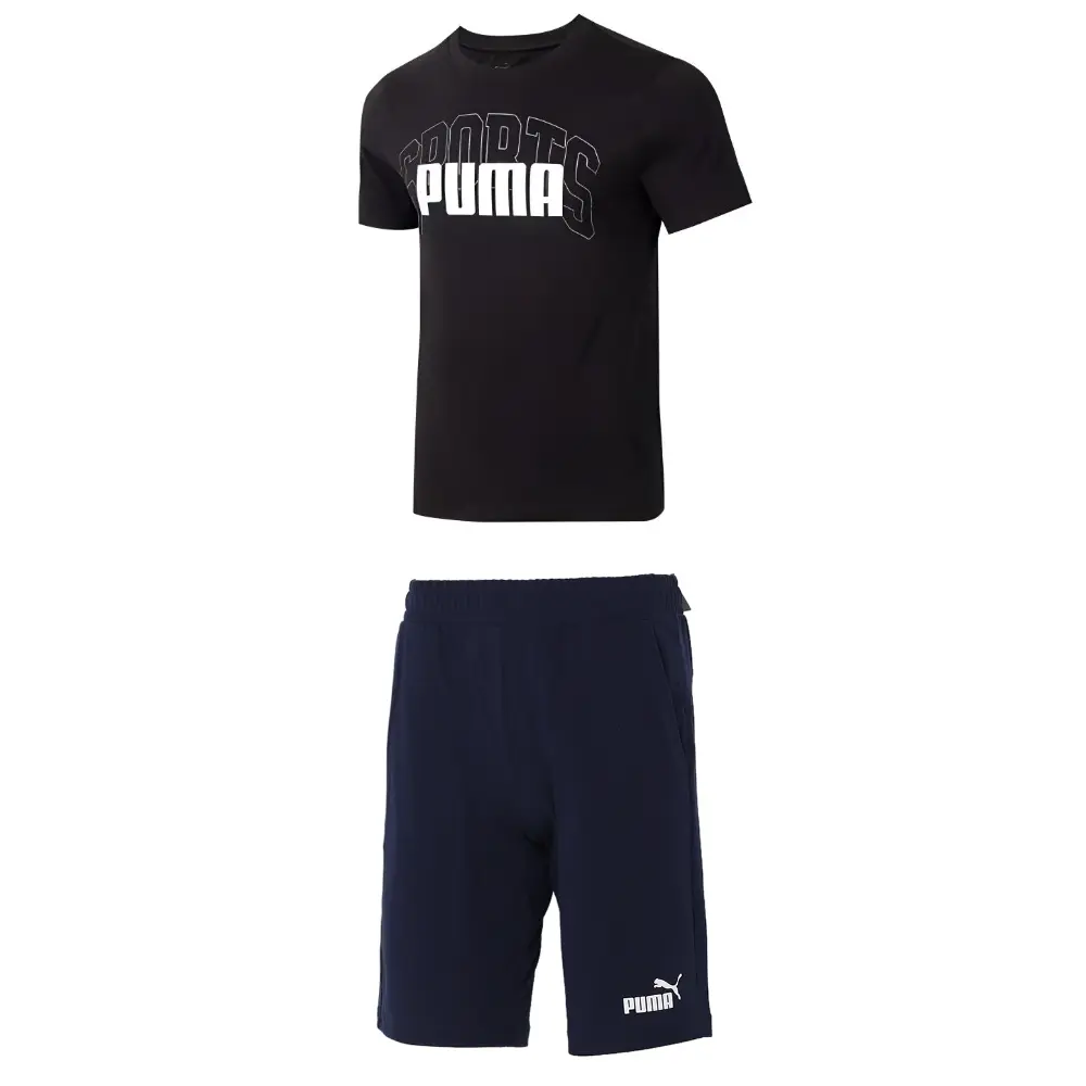 

Повседневный спортивный мужской костюм черная рубашка + синие шорты Puma, черный