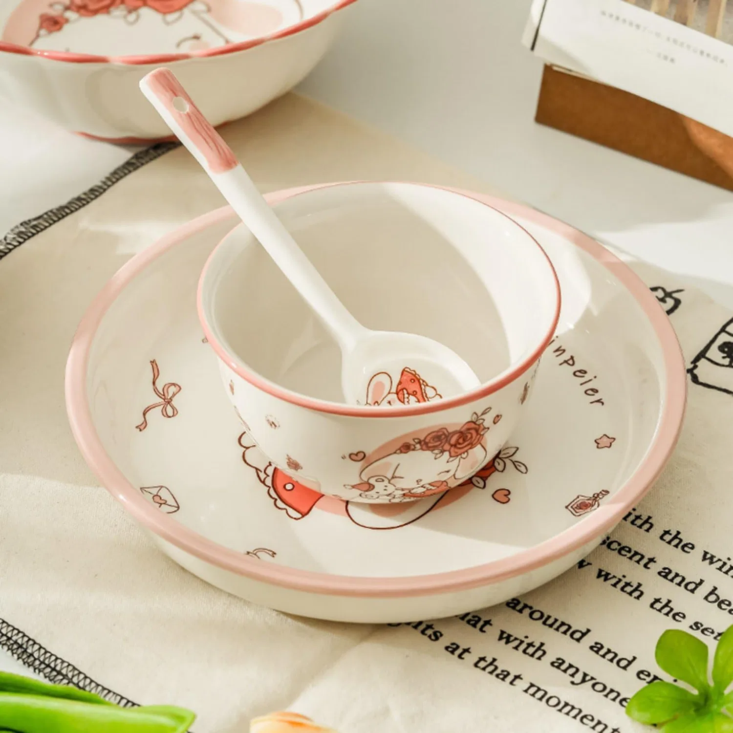 Детский набор посуды из керамики с узором кролика, розовый, "4.75 inch bowl", 2 предмета, от WOOYOO — фото 3