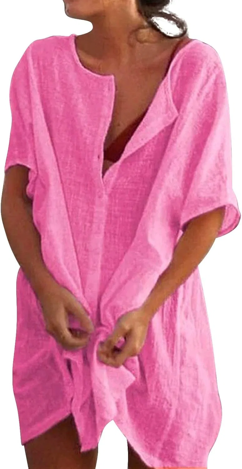 Блуза с коротким рукавом, свободная, однотонная, женская, Pink