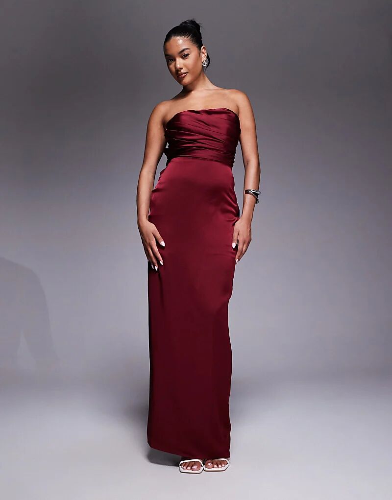 

Платье-бандо макси Jarlo из атласа с бантом сзади в бордовом цвете