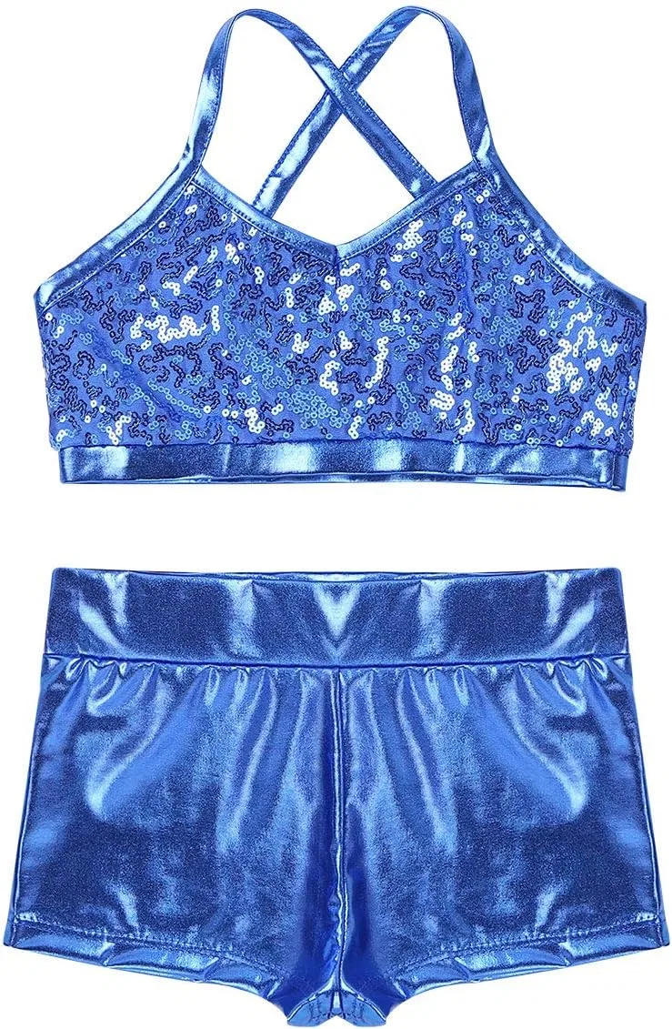 Детский спортивный костюм танцевальный с пайетками FEESHOW, Sequined Light_blue — фото 3