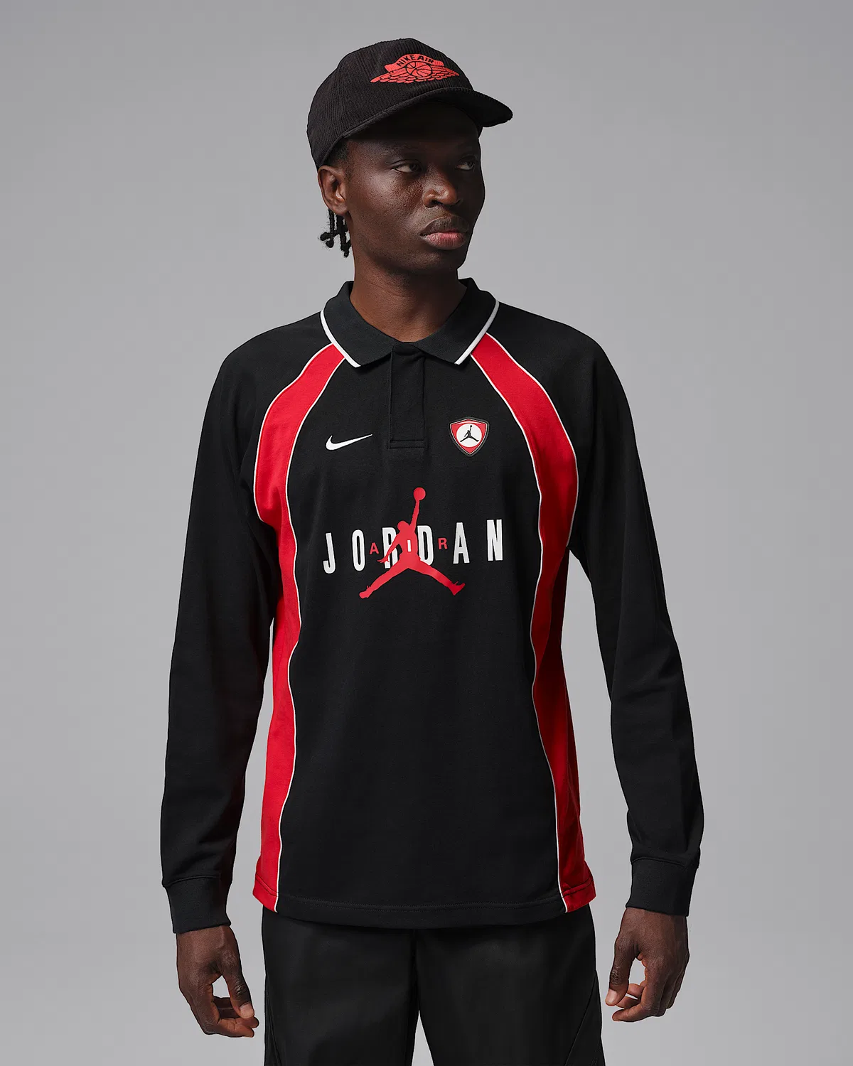 Мужская длинная футболка-поло Jordan Flight, Black/University Red/University Red