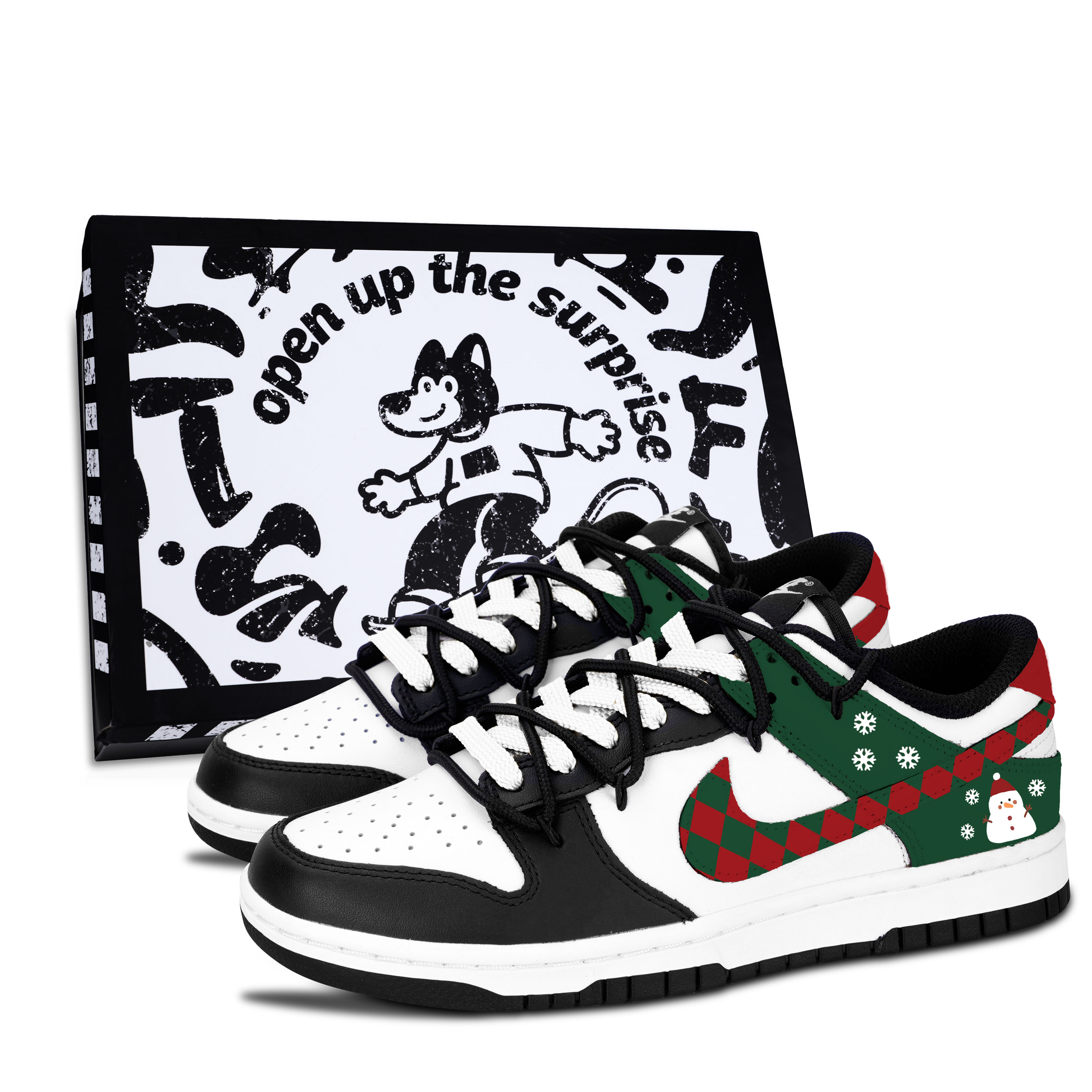 

Nike Dunk Black White, Winter Snowman Abrasion Resistant Low top Skateboard Shoes Unisex Red Green