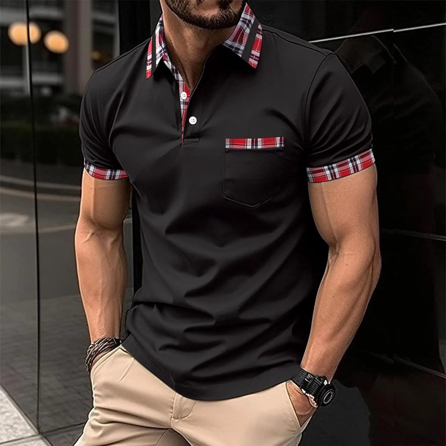 Мужская поло с карманом, короткий рукав, V-образный вырез, цветной блок, Slim Fit — фото 2