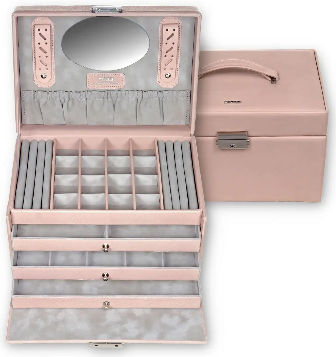 

Шкатулка для украшений Sacher "Лена, 77.107.560221", тонкая итальянская натуральная кожа, матовая, мягкая на ощупь 26,5х17,5х19 см, цвет rosa-grau-grau