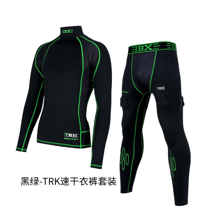 

He Jiagong Детский и юношеский комплект для хоккея с быстрой сушкой, высокий воротник, защита паха, черно-зеленый, размер S (рост 105-125 см)