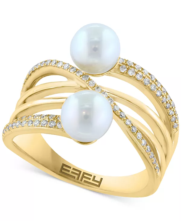 

Многорядное перекрестное кольцо Effy из 14-каратного золота с культивированным пресноводным жемчугом (6 мм) и бриллиантами (1/4 карата) Effy Collection, gold