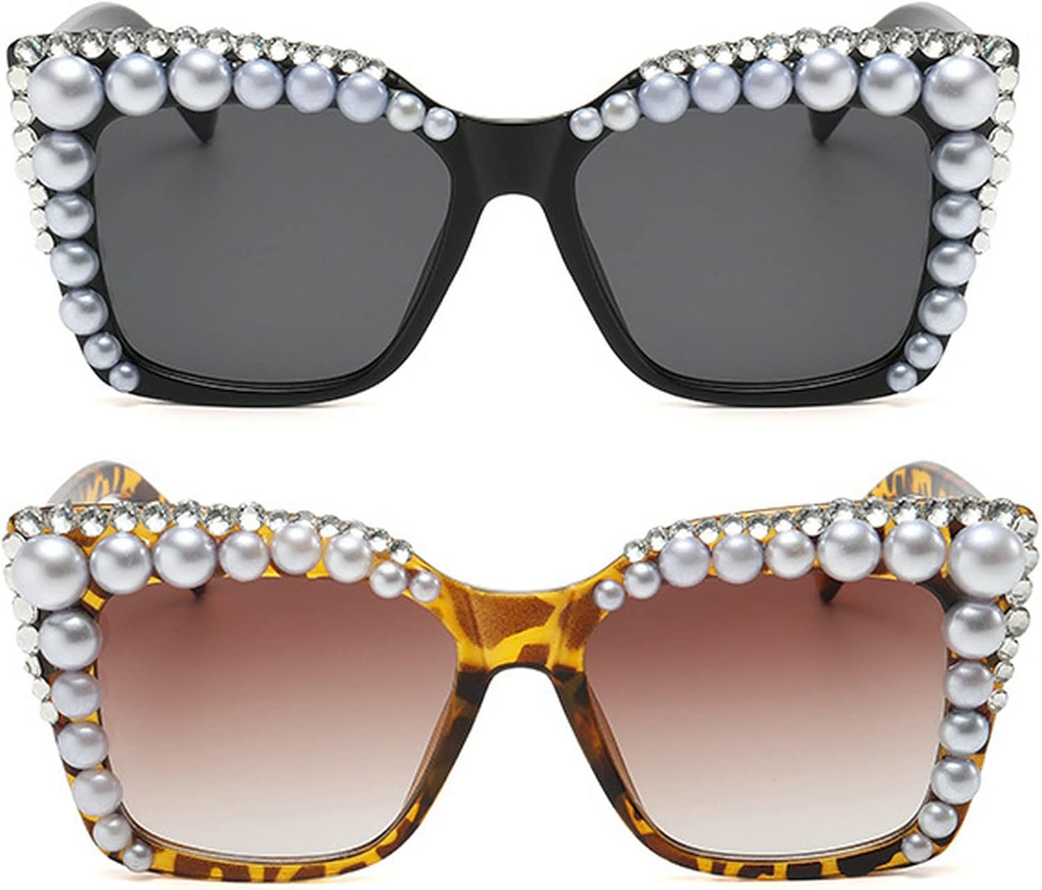 

Большие солнцезащитные очки с кристаллами и стразами для женщин в стиле ретро, ​​блестящие жемчужные очки «кошачий глаз» с защитой от УФ-излучения mincl, 2pcs-black&leopard