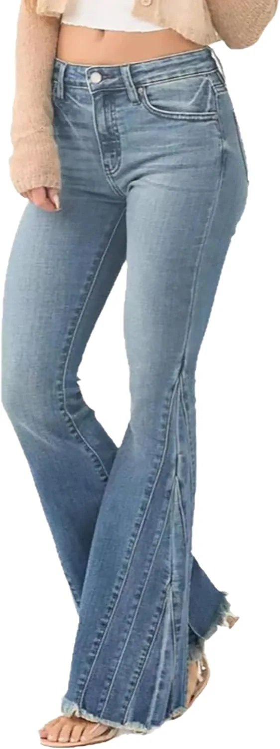 

Женские джинсы 70s Vintage Bell Bottom Mid Rise Stretchy Distressed Raw Hem Patchwork QLAUYIOE