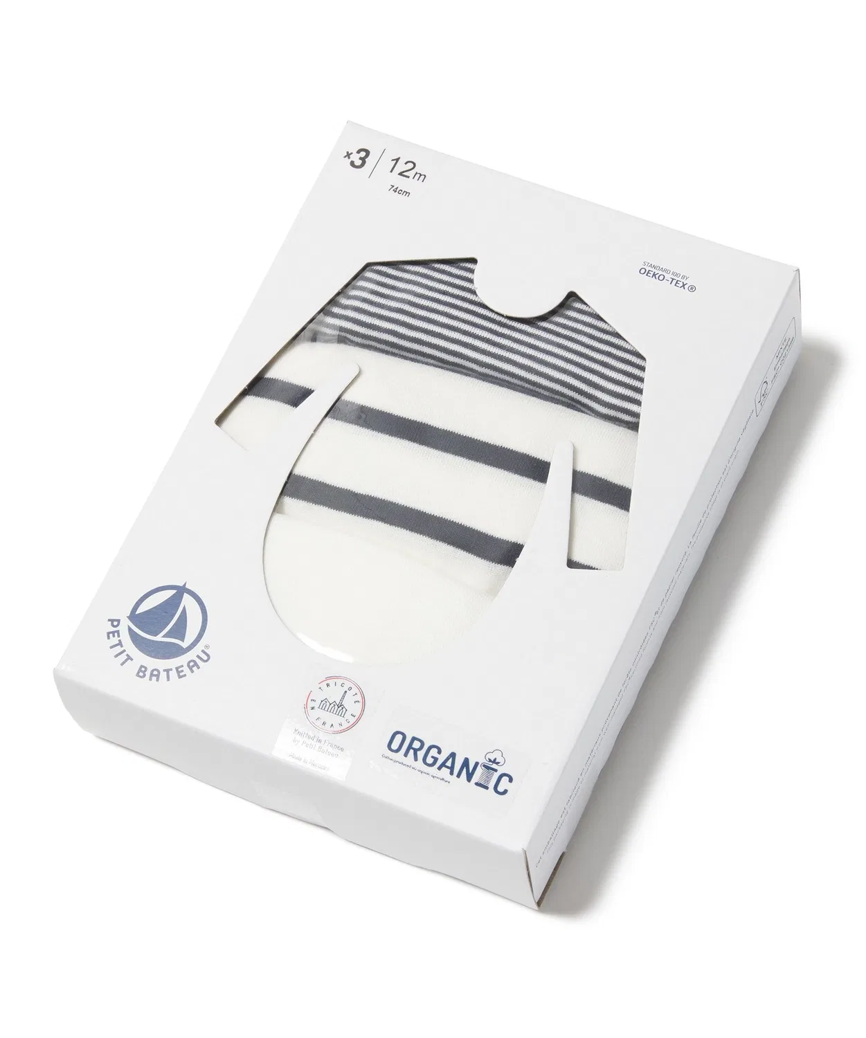Комплект боди с длинным рукавом 3 шт., Petit Bateau, органический хлопок, белый/бордюр — фото 4