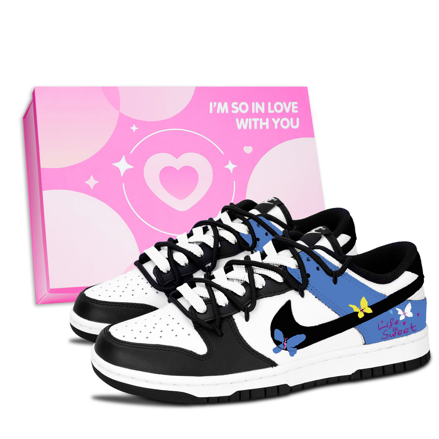 

Nike Dunk Black White, Butterfly Sweet Blue Leather Slip Resistant Abrasion Resistant Low top Skateboard Shoes Blue