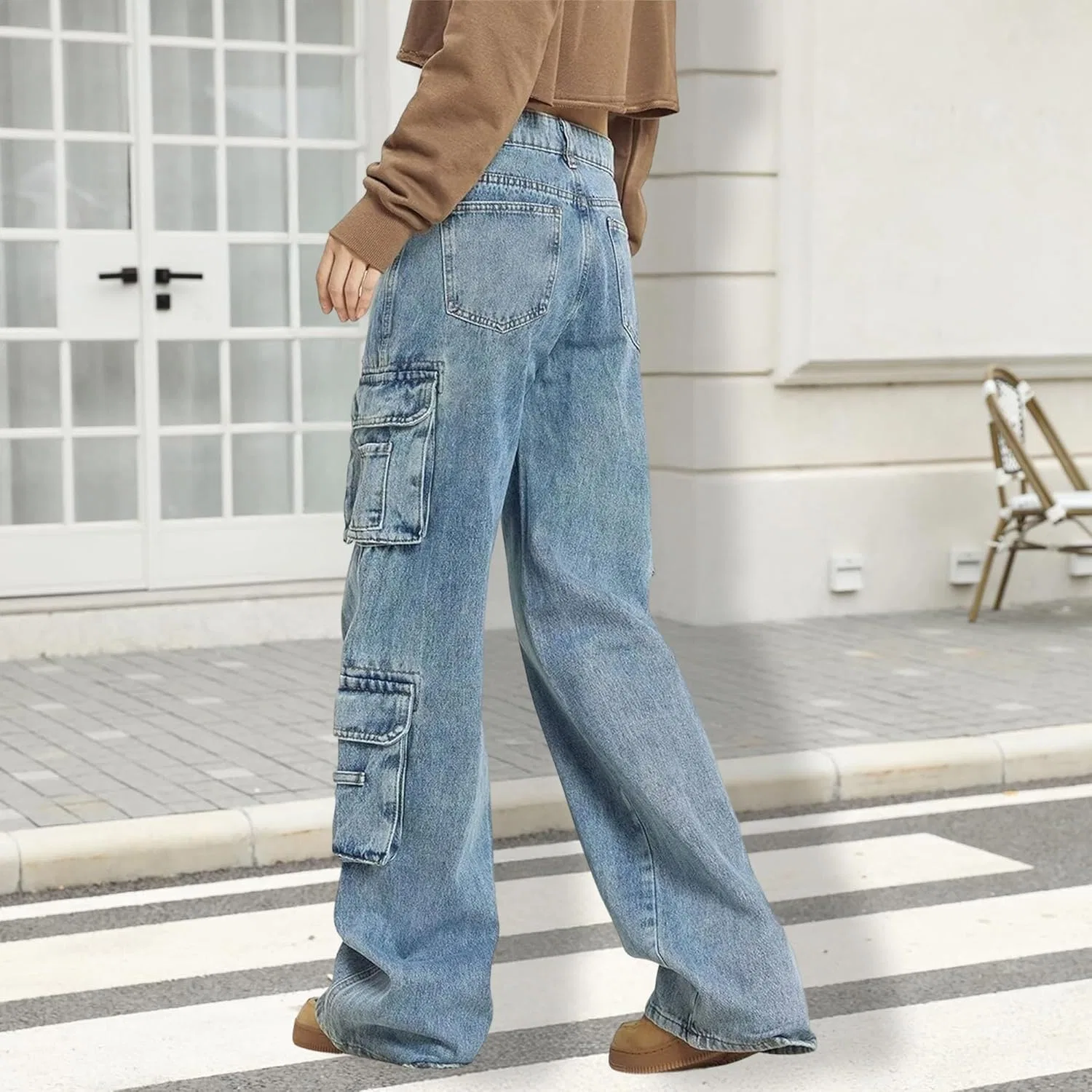 Джинсы свободные, Women Low Rise Cargo Jeans, синие — фото 4
