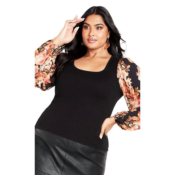 

Женский свитер с контрастными рукавами в цветочном принте plus size Avenue, Black