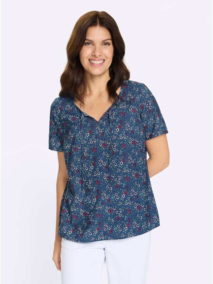 

Блузка-слипон джинсово-синего цвета с принтом фуксии Sieh an!