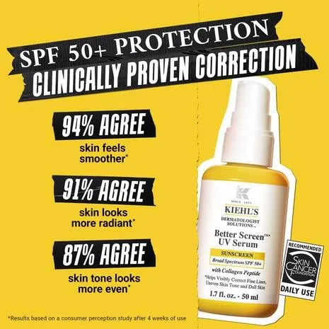 Kiehl's Better Screen UV Serum SPF 50+, невидимый солнцезащитный крем для лица с коллагеновыми пептидами, защищает от UVA и UVB, корректирует видимые признаки старения, повышает сияние кожи 50 мл (1 шт.) — фото 2