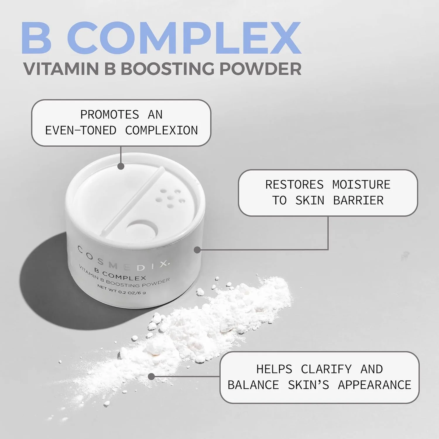 COSMEDIX Vitamin B Complex Boosting Powder - порошок для смешивания с сывороткой, увлажняющим кремом и другими средствами для увлажнения кожи, с биотином, ниацинамидом и кокосовым порошком, White — фото 2