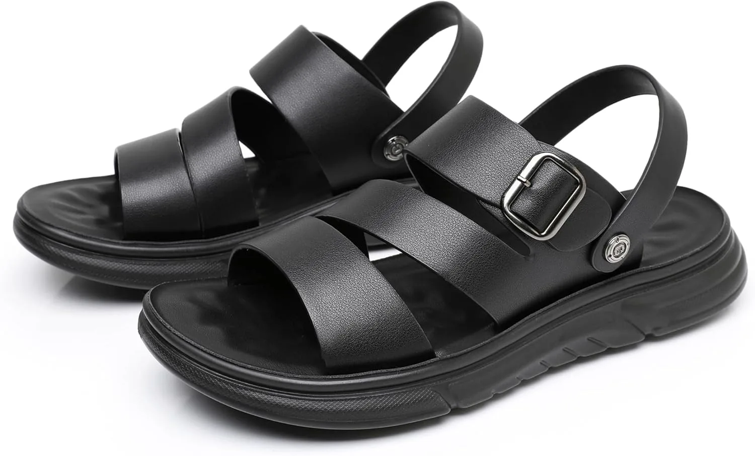 Finishing & Sewing Men's Leather Comfort Beach Sandals with Adjustable Buckle Strap, черный — фото 2