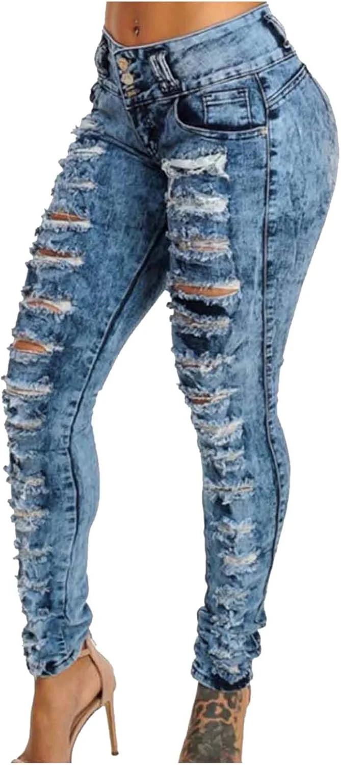 

Женские рваные скинни джинсы high waisted stretchy slim fit