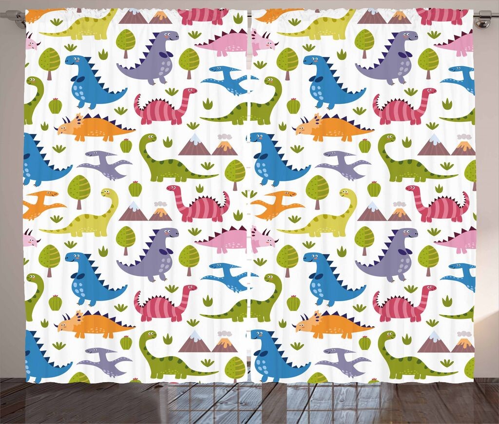

Занавеска ABAKUHAUS Dino в деревенском стиле, красочный динозавр, универсальные ленточные шторы для гостиной с петлями и крючками, 280 x 245 см, разноцветные