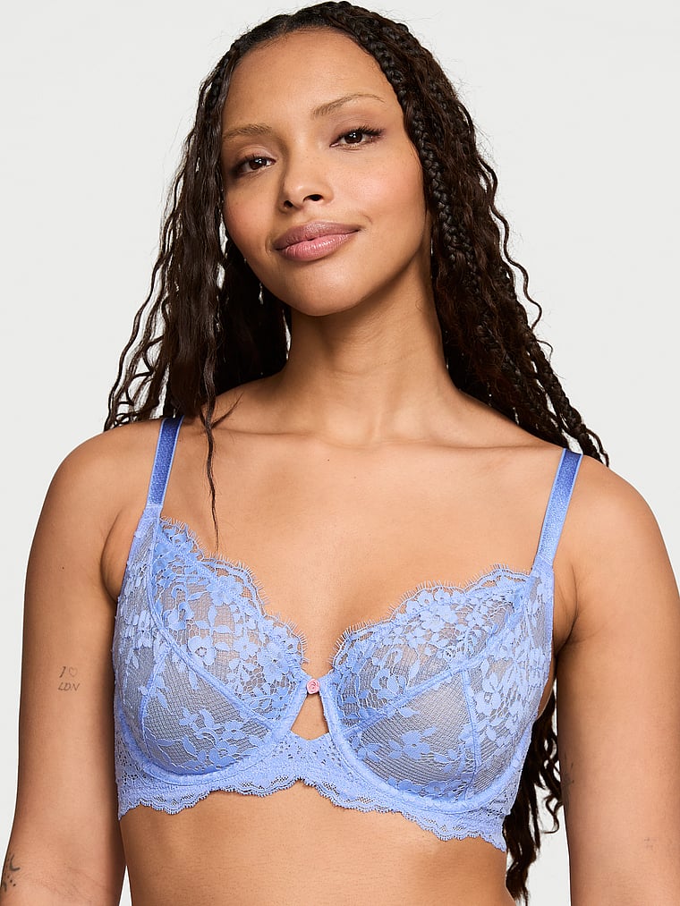 

Великолепный бюстгальтер Victoria's Secret из кружева без подкладки с полной чашкой Dream Angels, lace cameo blue