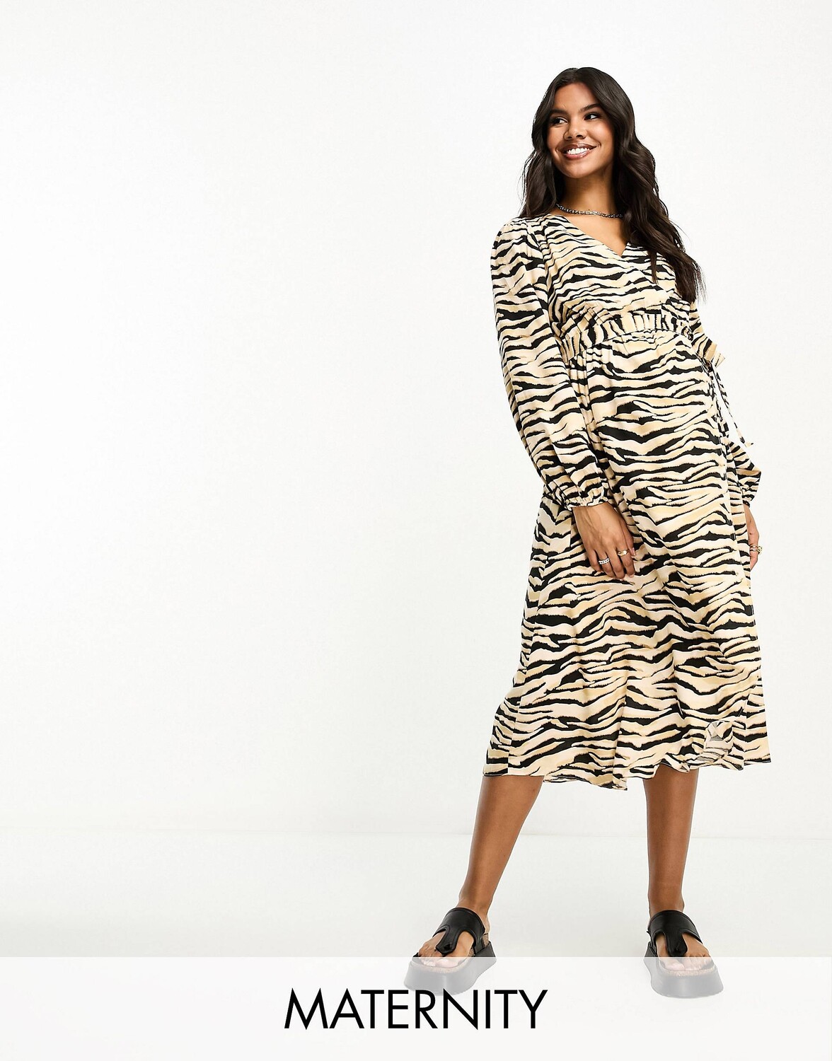 

Коричневое платье миди с запахом и зебровым принтом River Island Maternity, Коричневый, Коричневое платье миди с запахом и зебровым принтом River Island Maternity