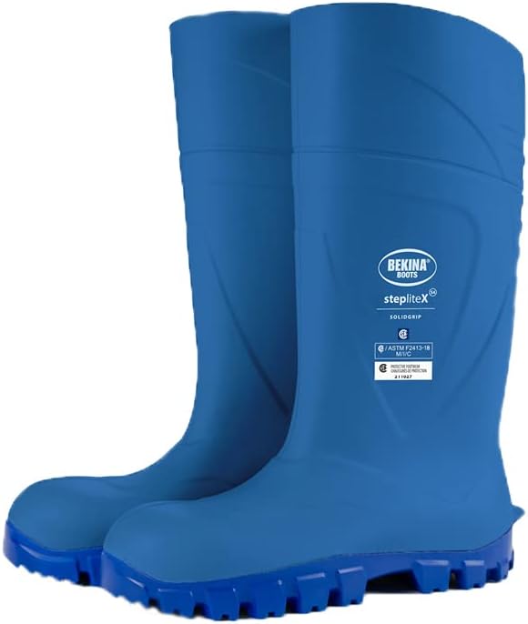 

Резисапоги Bekina StepliteX SolidGrip S4 с защитным носком для мужчин и женщин- легкие, водонепроницаемые, утепленные, с нескользящим стальным носком; соответствуют стандарту ASTM, синий