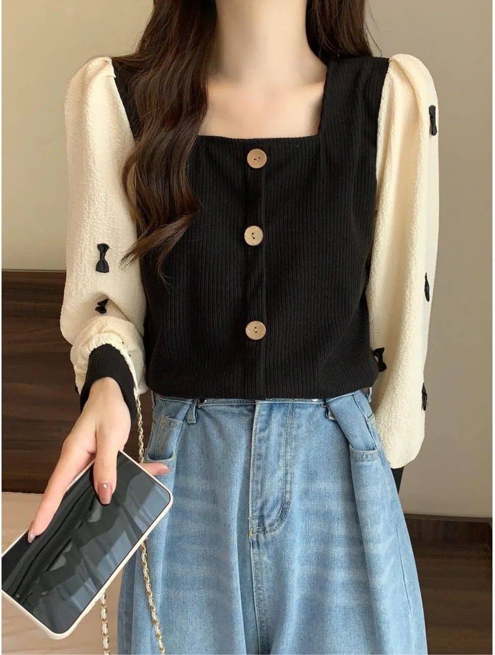 Блуза с квадратным вырезом, многослойная, Layered Top, кофейный — фото 2