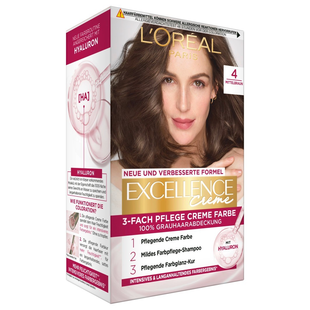 

Краска для волос excellence crème Loreal Paris, nr. 4 - mittelbraun, количество 1 шт.