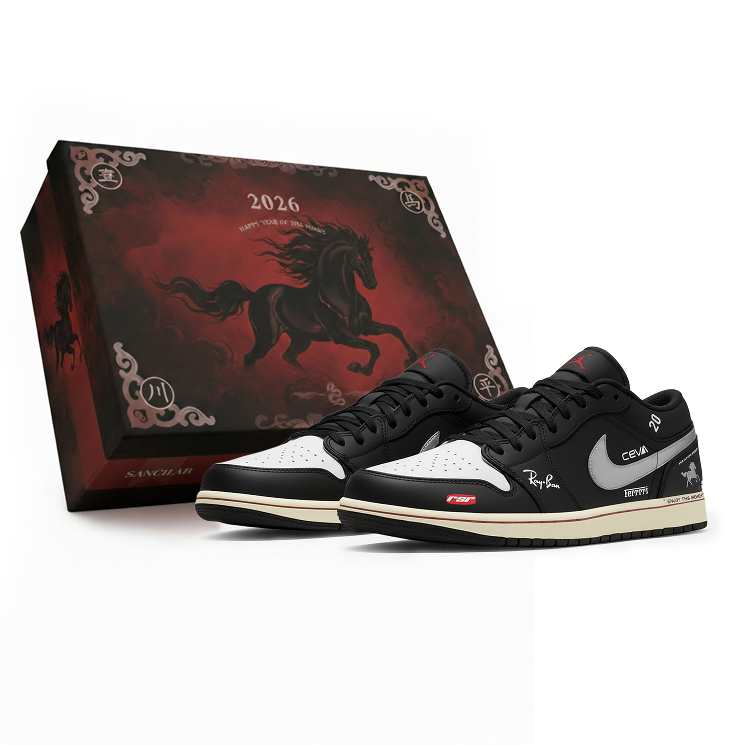 

Кроссовки air 1 low three times laboratory, год лошади, xuan feng silver horse, коробка, износостойкие, низкие Jordan, черный