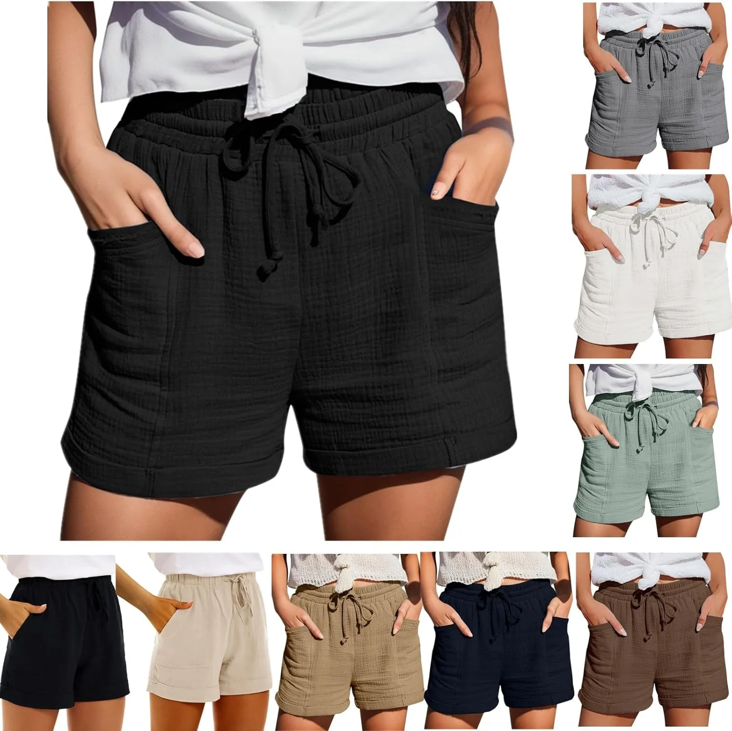 

Льняные шорты для женщин с кулиской, завышенной талией, Plus Size